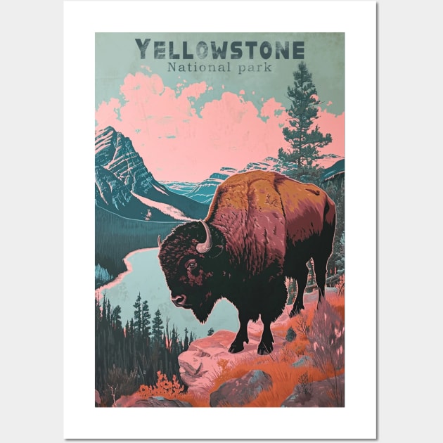 Yellowstone National Park Buffalo Vintage Travel Poster Wall Art by GreenMary Design